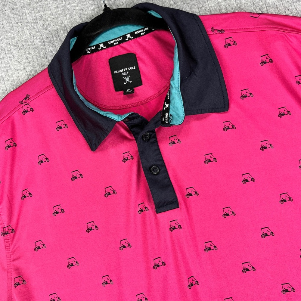 Kenneth Cole‎ Polo Shirt Men 1X Pink Golf Cart Print Performance Short Sleeve